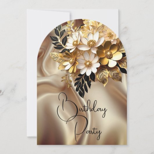 誕生日エレガントカラメル金ゴールド白黒花 招待状 (正面)