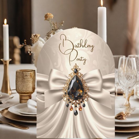 誕生日エレガントクリームベージュ金ゴールドジュエルボウ 招待状