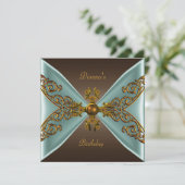 誕生日エレガントコーヒーブラウンオールド金ゴールドティール(緑がかった色) 招待状 (スタンド正面)