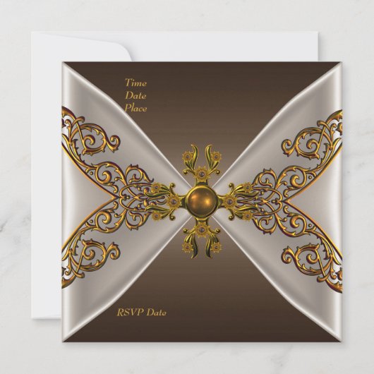 誕生日エレガントコーヒーブラウン古い金ゴールドジュエル2 招待状 (裏面)