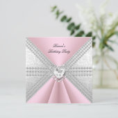 誕生日エレガントシルバーピンクダイヤモンドハート 招待状 (スタンド正面)
