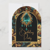 誕生日エレガントジェードレッド金ゴールドジュエルパーティー 招待状 (正面)