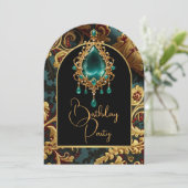 誕生日エレガントジェードレッド金ゴールドジュエルパーティー 招待状 (スタンド正面)