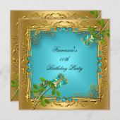 誕生日エレガントティール（緑がかった色）ブルーバラ金ゴールド 招待状 (正面/裏面)