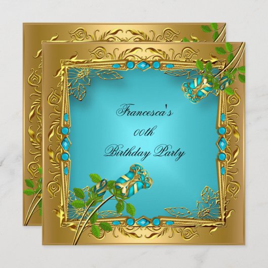 誕生日エレガントティール（緑がかった色）ブルーバラ金ゴールド 招待状 (正面/裏面)
