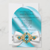 誕生日エレガントティール(緑がかった色)ブルー金ゴールドジュエルボウ 招待状 (裏面)