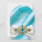 誕生日エレガントティール(緑がかった色)ブルー金ゴールドジュエルボウ 招待状 (正面)