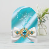 誕生日エレガントティール(緑がかった色)ブルー金ゴールドジュエルボウ 招待状 (スタンド正面)