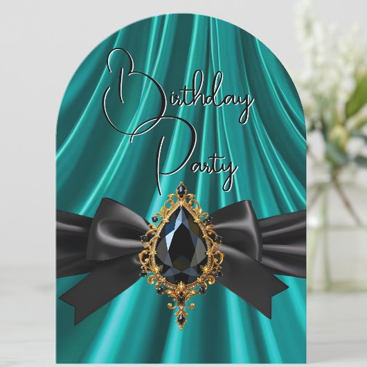 誕生日エレガントティール（緑がかった色）玉金ゴールドブラックジュエル 招待状