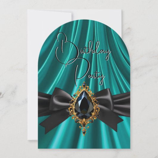 誕生日エレガントティール（緑がかった色）玉金ゴールドブラックジュエル 招待状 (正面)
