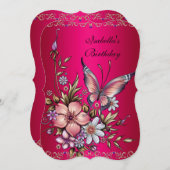 誕生日エレガントピンクフシアフローラ蝶 招待状 (正面/裏面)