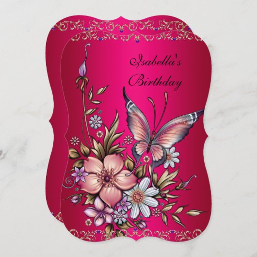 誕生日エレガントピンクフシアフローラ蝶 招待状 (正面/裏面)