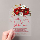 誕生日エレガントブライトレッドホワイト金ゴールドフローラ アクリル招待状 (インサイチュ (ポータブル))