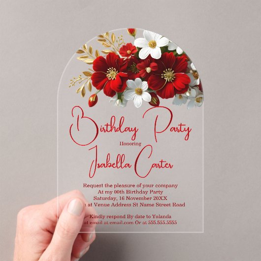 誕生日エレガントブライトレッドホワイト金ゴールドフローラ アクリル招待状 (インサイチュ (ポータブル))