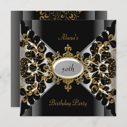 誕生日エレガントブラック銀金ゴールドパーティー50日 招待状 (正面/裏面)