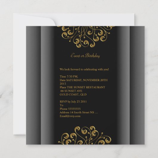 誕生日エレガントブラック銀金ゴールドパーティー50日 招待状 (裏面)
