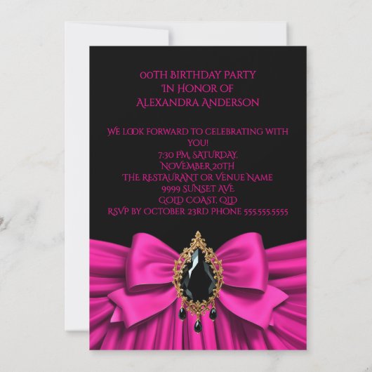 誕生日エレガントホットピンク金ゴールドジュエルボウブラック 招待状 (裏面)