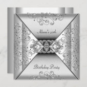 誕生日エレガントホワイトシルバーイベントパーティー 招待状 (正面/裏面)