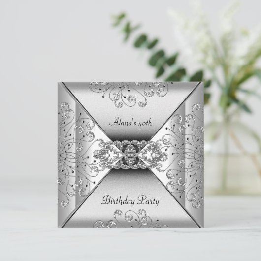 誕生日エレガントホワイトシルバーイベントパーティー 招待状 (スタンド正面)