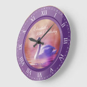 誕生日エレガントホワイトスワンパープルアメジスト写真 ラージ壁時計 (傾斜)