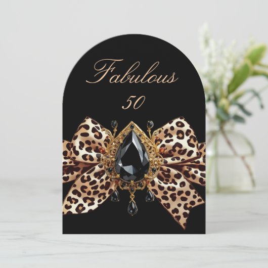 誕生日エレガントレオパードボウキャラメル金ゴールドジュエル 招待状 (スタンド正面)
