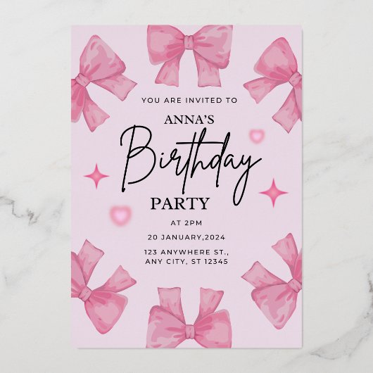 誕生日エレガント招待状とボウデザイン 箔招待状 (正面)