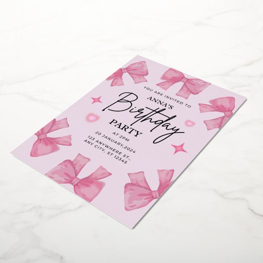 誕生日エレガント招待状とボウデザイン 箔招待状 (回転した状態)