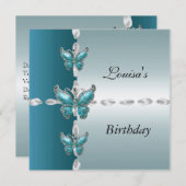 誕生日エレガント招待状ティール(緑がかった色)ブルーバタフライ 招待状 (正面/裏面)