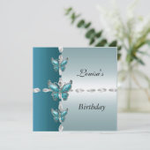 誕生日エレガント招待状ティール(緑がかった色)ブルーバタフライ 招待状 (スタンド正面)