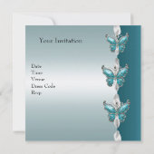 誕生日エレガント招待状ティール(緑がかった色)ブルーバタフライ 招待状 (裏面)