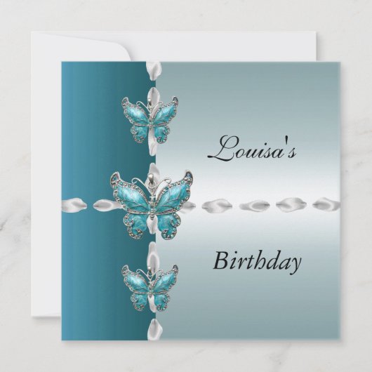 誕生日エレガント招待状ティール(緑がかった色)ブルーバタフライ 招待状 (正面)