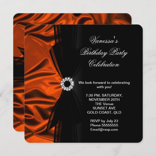 誕生日エレガント燃えたオレンジ色のシルクルックブラック2 招待状 (正面/裏面)
