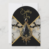 誕生日エレガント白黒マーブル金ゴールドジュエル 招待状 (正面)