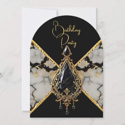 誕生日エレガント白黒マーブル金ゴールドジュエル 招待状 (正面)