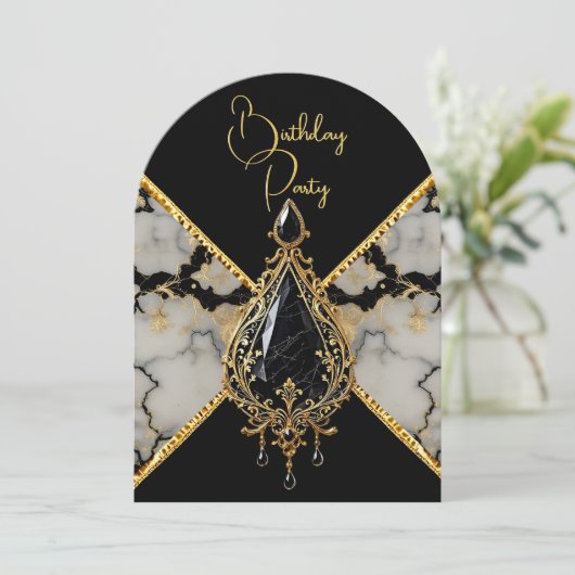 誕生日エレガント白黒マーブル金ゴールドジュエル 招待状 (スタンド正面)