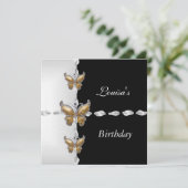 誕生日エレガント白黒金ゴールドブロンズバタフライ 招待状 (スタンド正面)