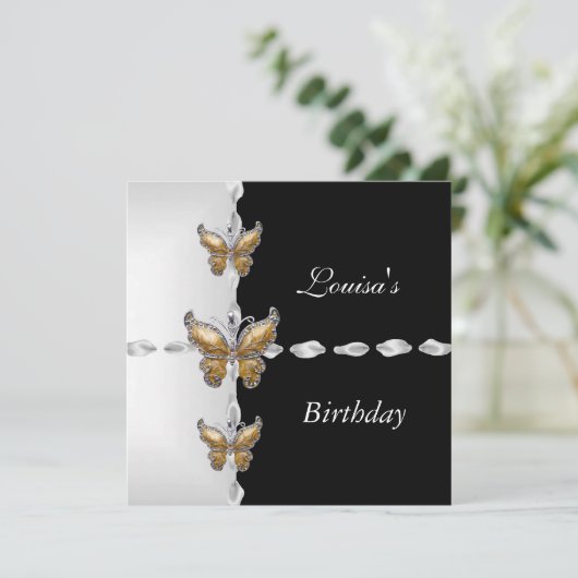 誕生日エレガント白黒金ゴールドブロンズバタフライ 招待状 (スタンド正面)