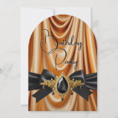 誕生日エレガント金ゴールドシルクジュエルボウブラック 招待状 (正面)