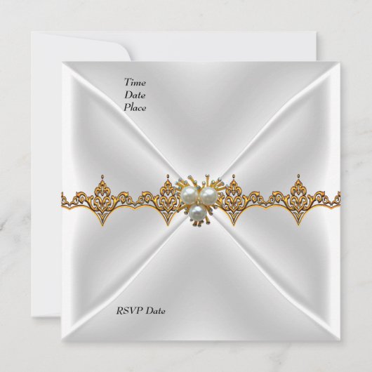 誕生日エレガント金ゴールドジュエルホワイトシルク 招待状 (裏面)