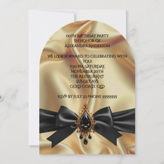 誕生日エレガント金ゴールドブラックジュエルボウ 招待状 (裏面)