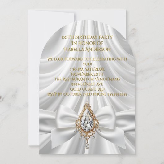 誕生日エレガント金ゴールドホワイトダイヤモンドジュエルボウ 招待状 (裏面)