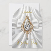 誕生日エレガント金ゴールドホワイトダイヤモンドジュエルボウ 招待状 (正面)