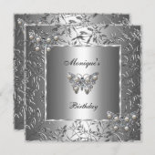 誕生日エレガント銀フローラバタフライ宝石2b 招待状 (正面/裏面)