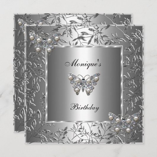 誕生日エレガント銀フローラバタフライ宝石2b 招待状 (正面/裏面)
