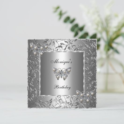 誕生日エレガント銀フローラバタフライ宝石2b 招待状 (スタンド正面)