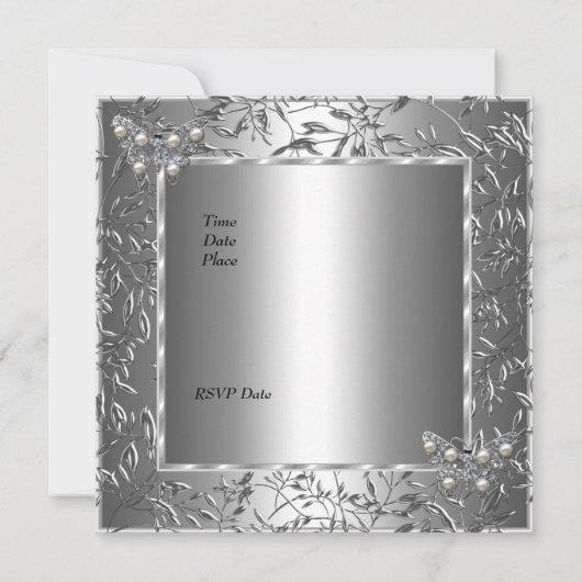 誕生日エレガント銀フローラバタフライ宝石2b 招待状 (裏面)