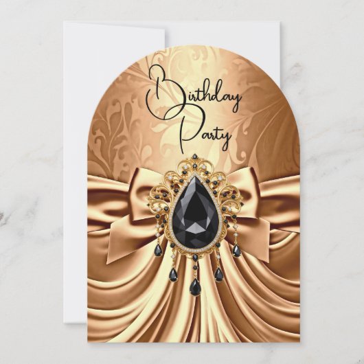 誕生日エレガント銅金ゴールドブラックジュエルボウ 招待状 (正面)