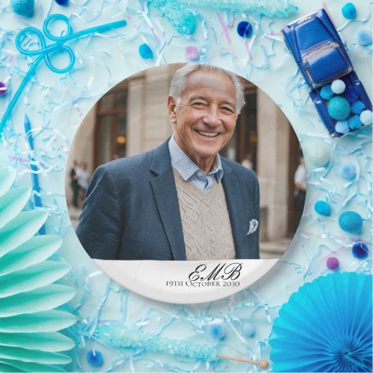 誕生日オススタイリッシュフォトホワイトモノグラム ペーパープレート (パーティー)