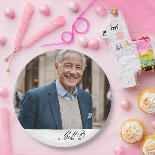 誕生日オススタイリッシュフォトホワイトモノグラム ペーパープレート (パーティー)