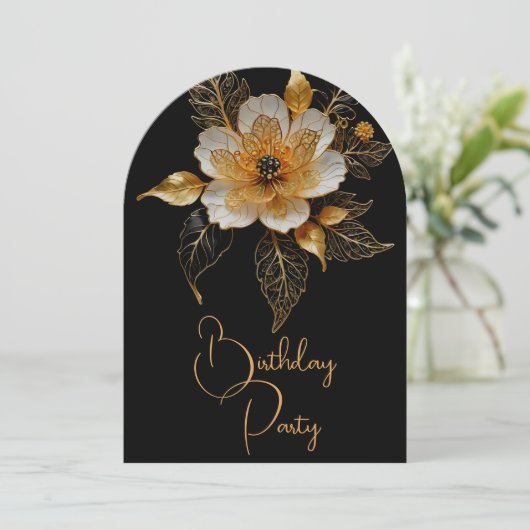 誕生日オレンエレガントジ金ゴールドブラックフラワー 招待状 (スタンド正面)